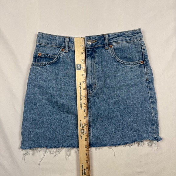 Topshop Denim Mini Skirt Blue Raw Hem A Line Size US 6 Made in Turkey - Picture 6 of 7